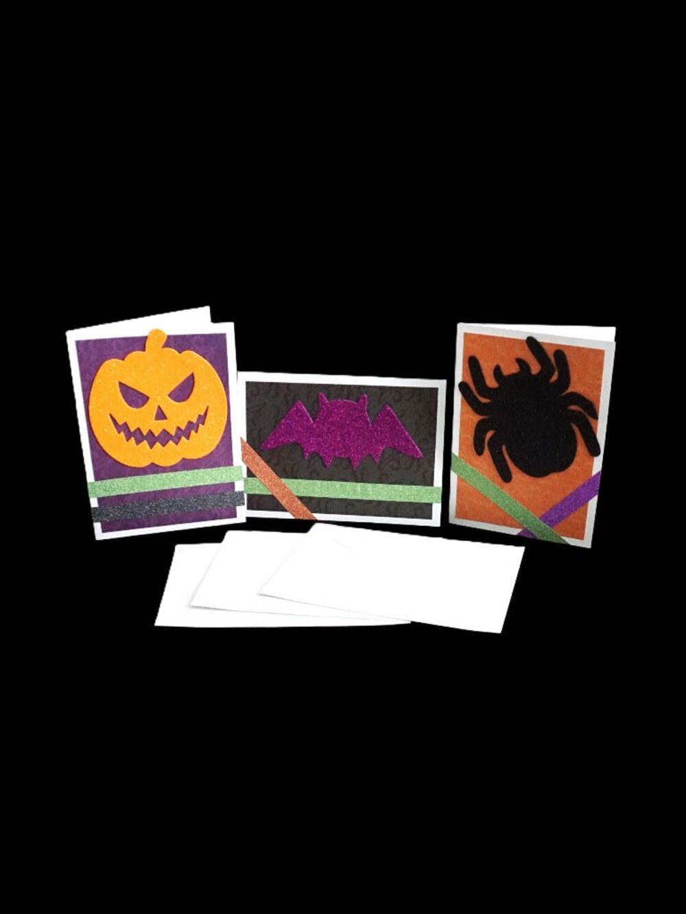 3 Halloween Handmade Greeting Cards 5x7 White Glitter Criss Cross Embellished